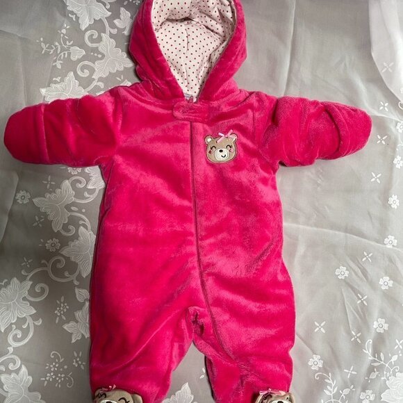 GIRL'S Size 0 To 3 Months One Piece Pink Plush Snow Suit W/ Little Ears Bunting - Picture 4 of 7